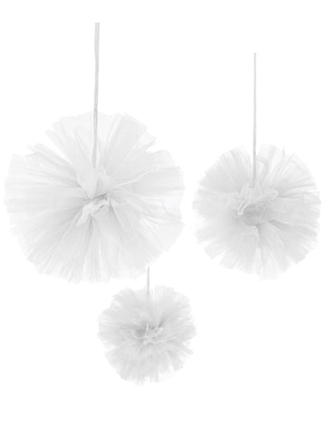 3 függő pompom a fehér tüll 15, 20 és 30 cm -ben